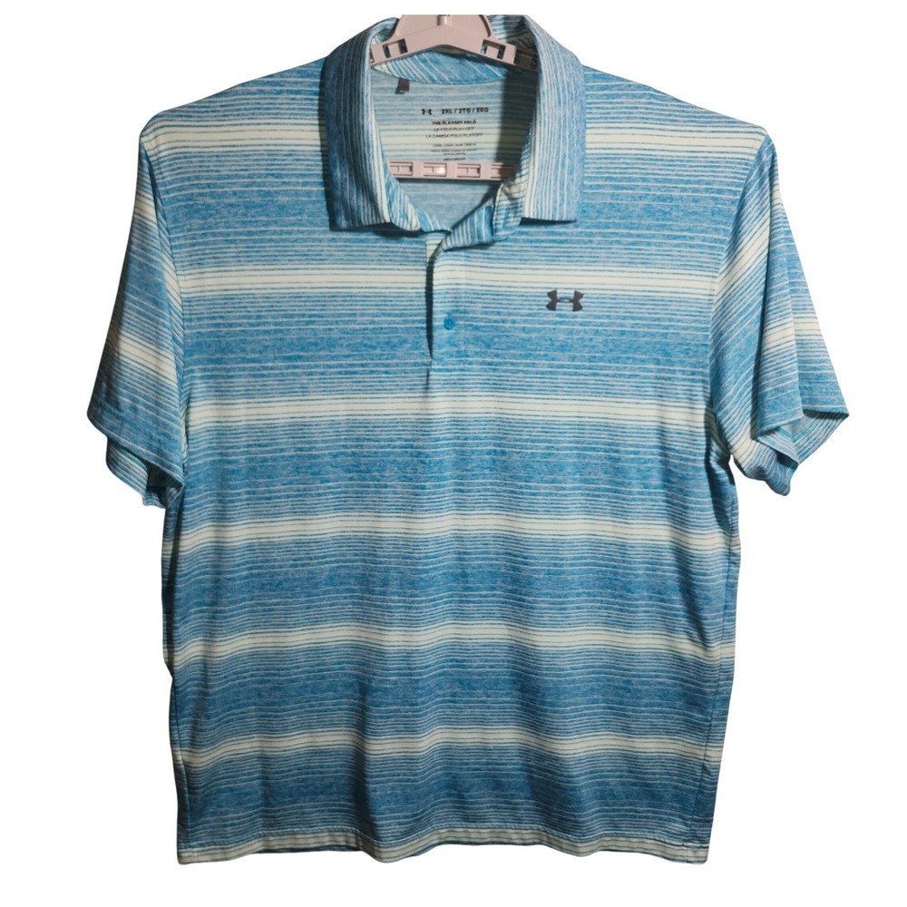Under Armour Playoff Polo Mens 2XL Blue White Striped HeatGear Golf Shirt Loose